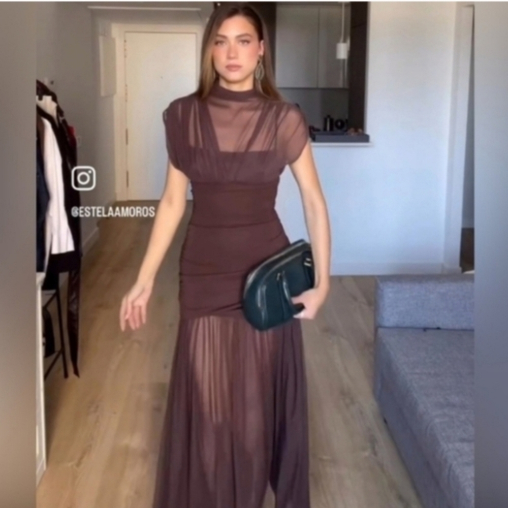 Zara Draped Midi Dress Brown NWT - Picture 10 of 16
